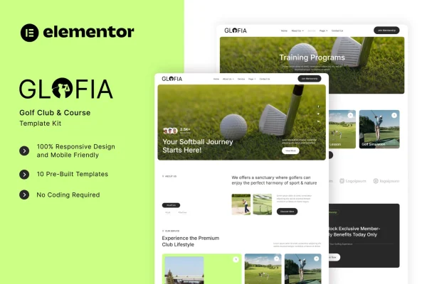 Glofia golf club and course Elementor template kit preview