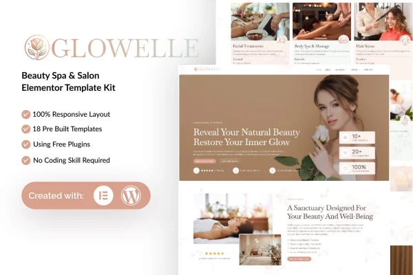 Glowelle beauty salon and spa Elementor template kit preview