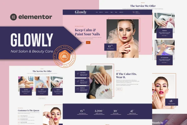 Glowly nail salon and beauty care Elementor template kit preview