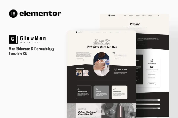 Glowmen men's skincare and dermatology Elementor template kit preview