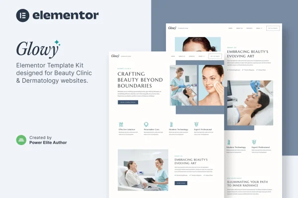 Glowy beauty clinic and dermatology Elementor template kit preview