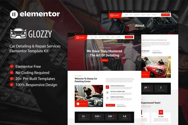 Glozzy car detailing and repair Elementor template kit preview