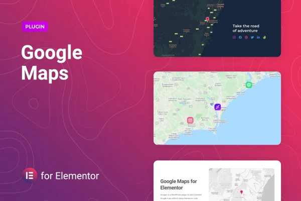 Gmaper for Elementor plugin banner showing a custom Google Map with markers
