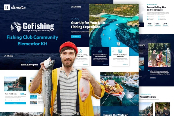 Go Fishing fishing club Elementor template kit preview