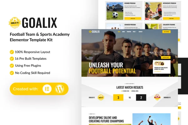 Goalix football team and sports academy Elementor template kit preview