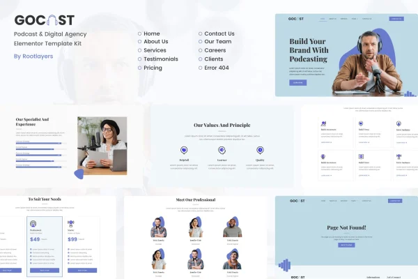 Gocast podcast and digital agency Elementor template kit preview