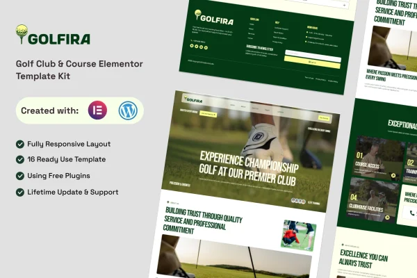 Golfira golf club and course Elementor template kit preview