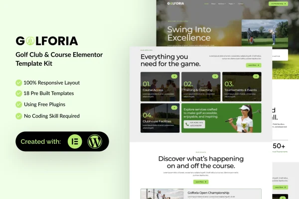 Golforia golf club and course Elementor template kit preview