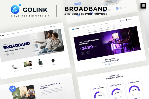Golink broadband and internet service provider Elementor template kit preview