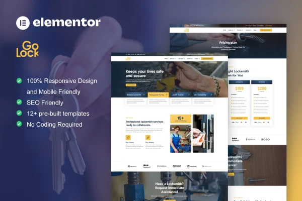 GoLock locksmith and key maker Elementor Pro template kit preview
