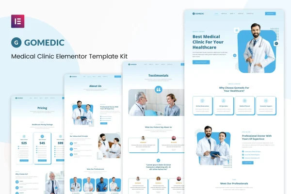 Gomedic medical Elementor template kit cover showing healthcare website page layouts