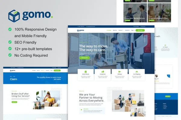 Gomo moving company Elementor template kit cover showing website page layouts