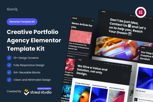 GonQ Creative Portfolio Agency Elementor Template Kit preview with retro minimalist page layouts
