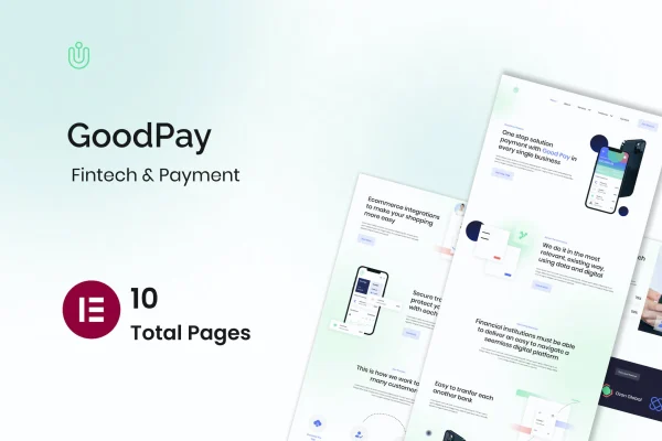 Goodpay fintech Elementor template kit preview showing website page layouts