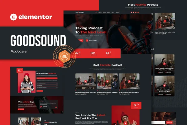 Goodsound podcaster Elementor template kit preview with dark-themed page layouts