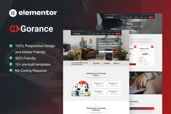 Gorance insurance agency Elementor template kit page previews