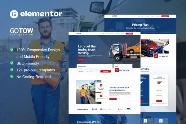 Gotow towing services Elementor template kit cover showing website page layouts