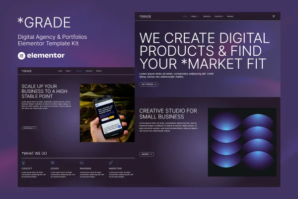Grade creative agency and portfolio Elementor template kit preview