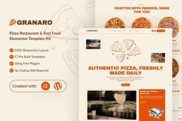 Granaro pizza restaurant and fast food Elementor template kit preview