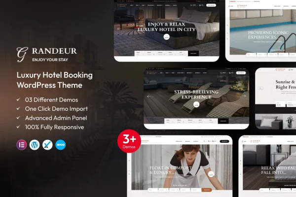 Grandeur hotel booking WordPress theme preview showing a hotel homepage