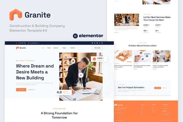 Granite construction and building company Elementor template kit preview