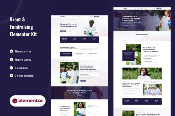 Grant & Fundraising Elementor template kit preview showing nonprofit website pages