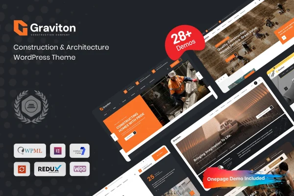 Graviton construction WordPress theme preview with building project layouts