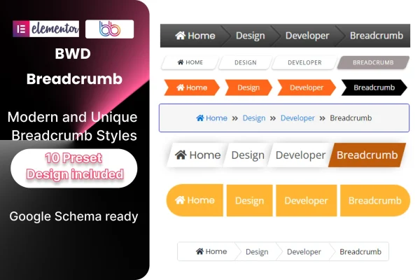 Greatest Breadcrumb plugin banner showing breadcrumb navigation designs for Elementor
