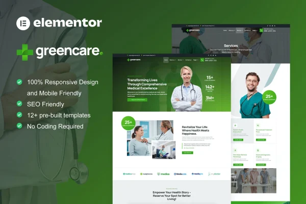 GreenCare medical services Elementor Pro template kit preview