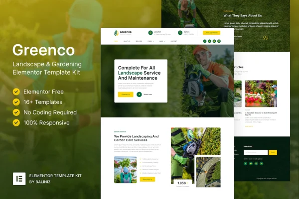 Greenco landscaping and gardening Elementor template kit page previews