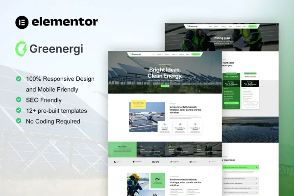Greenergi solar and renewable energy Elementor template kit preview