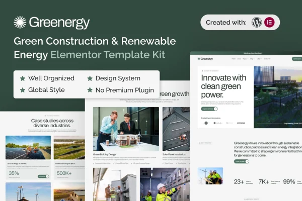 Greenergy green construction and renewable energy Elementor template kit preview
