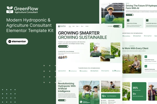 GreenFlow hydroponic and agriculture consultant Elementor template kit preview