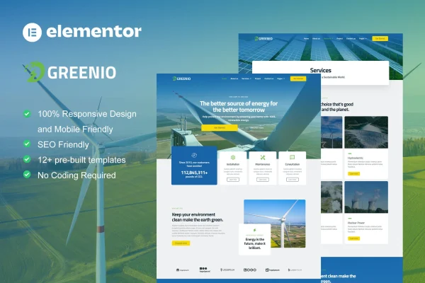 Greenio Elementor template kit cover showing green energy company website pages