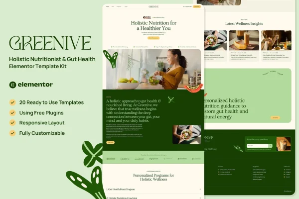 Greenive holistic nutritionist and gut health Elementor template kit preview