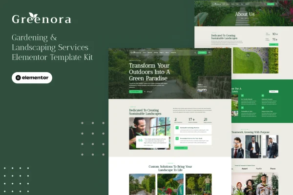 Greenora gardening and landscaping Elementor Pro template kit preview