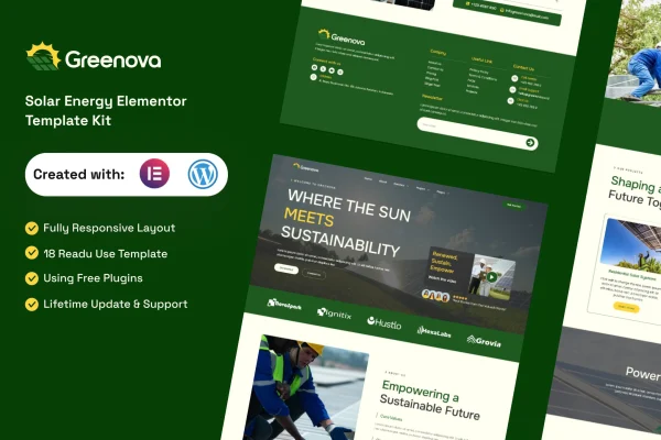 Greenova solar and renewable energy Elementor template kit preview