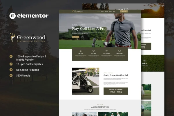 Greenwood golf club and academy Elementor template kit preview