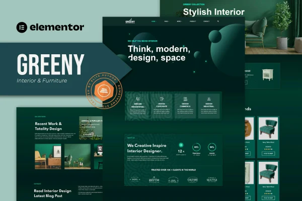 Greeny interior design Elementor template kit preview with modern page layouts