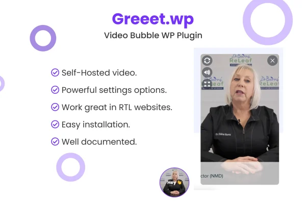 Greet Bubble Pro plugin banner showing a video bubble on a website