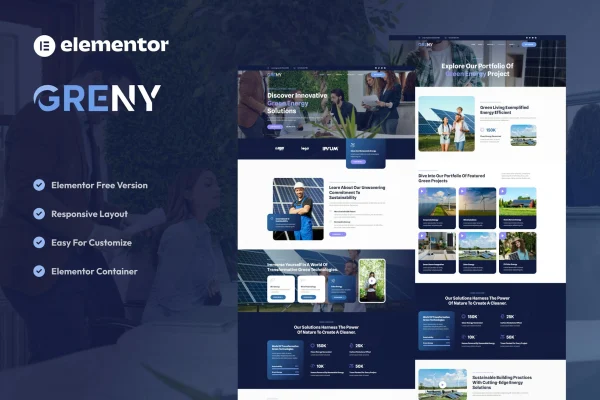 Greny solar and renewable energy Elementor template kit preview