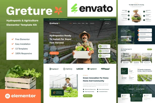 Greture hydroponic and agriculture Elementor template kit cover