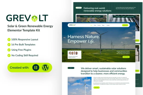 Grevolt solar and renewable energy Elementor template kit preview