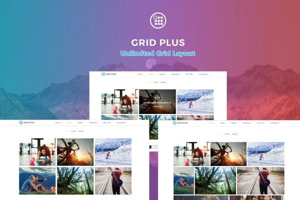Grid Plus WordPress plugin banner showing grid layout examples
