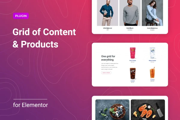Grider for Elementor plugin banner showing a grid of posts and products
