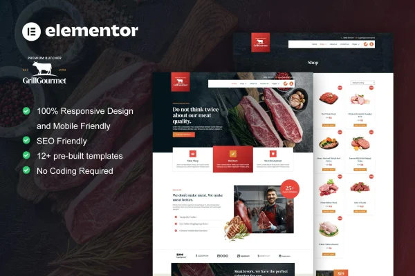GrillGourmet butcher and meat shop Elementor template kit preview