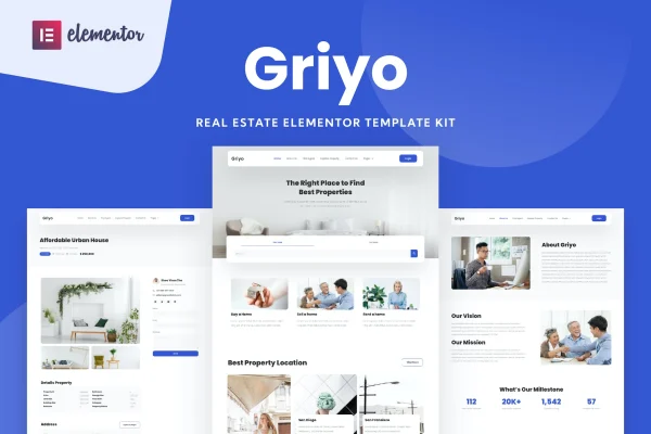 Griyo real estate Elementor template kit cover showing property website page layouts