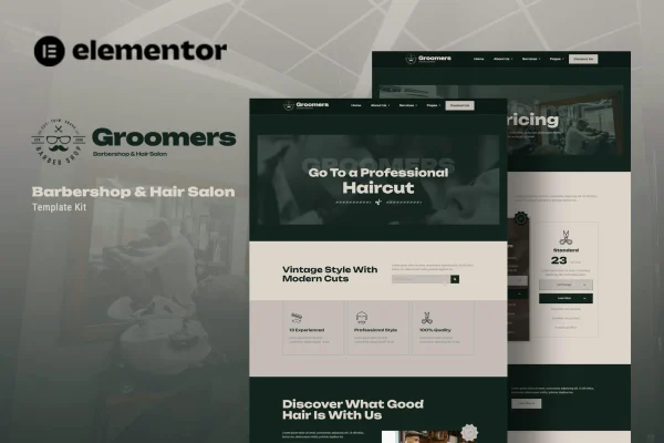 Groomers barbershop and hair salon Elementor template kit preview