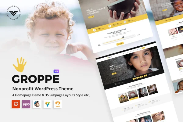 Groppe nonprofit WordPress theme preview with charity website layout