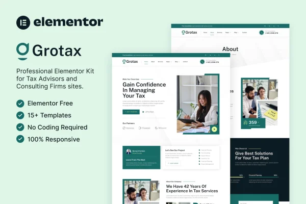 Grotax tax advisor and consulting firm Elementor template kit preview